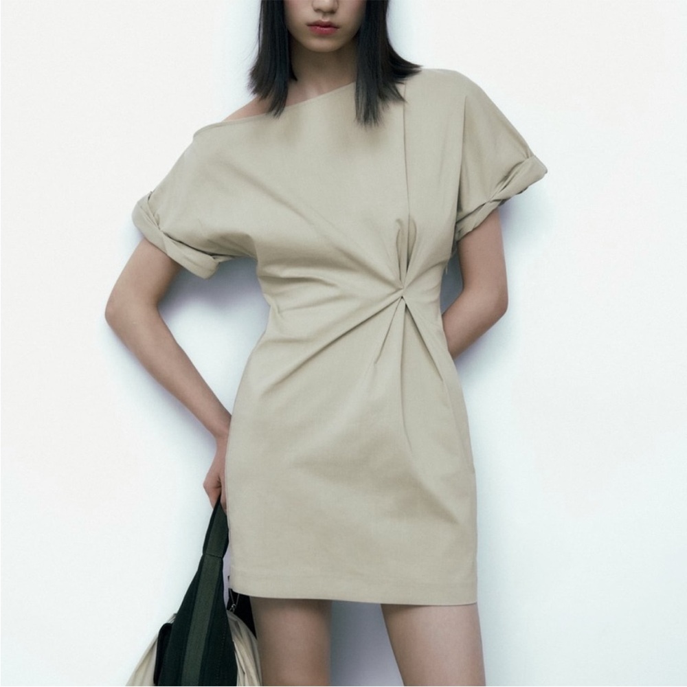 Zara pleated asymmetric dress Sz. S cotton beige NWT